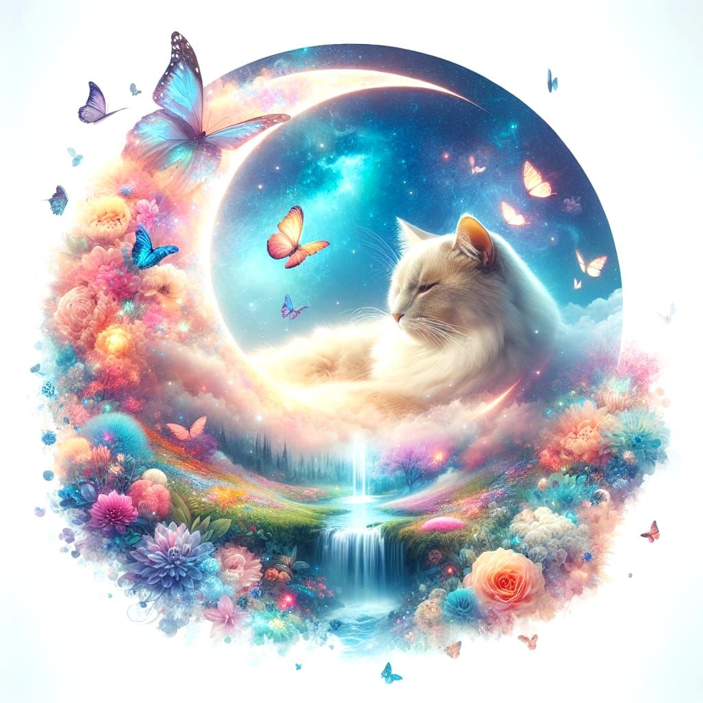 Pastel Cat in Crescent Moon Dreamscape