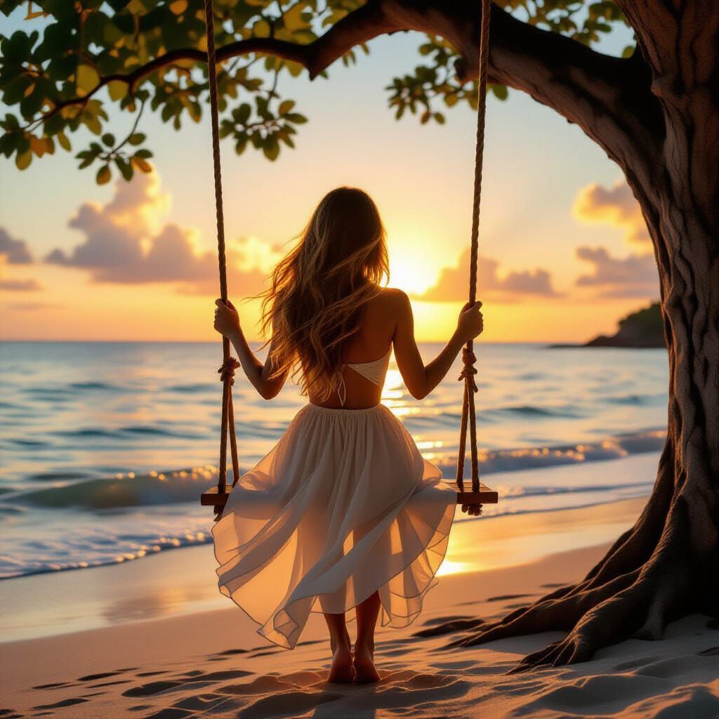 Sunset Beach Swing: Impressionistic Summer Landscape