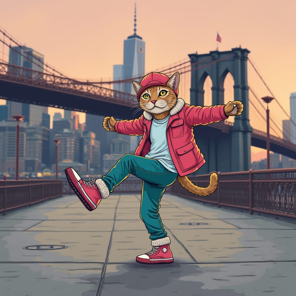 Cat Breakdancing on Brooklyn Bridge in Pastel Art