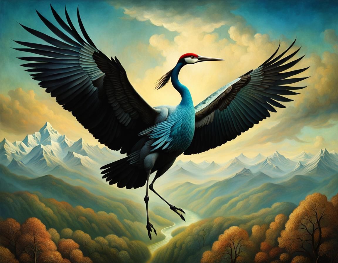 Surreal Flying Crane Panoramic Mountain Landscape
