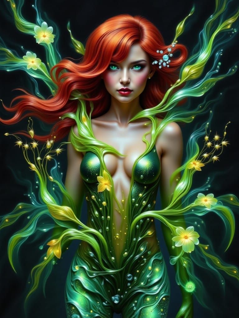 Red-Haired Woman with Glowing Eyes in Dark Fantasy Style