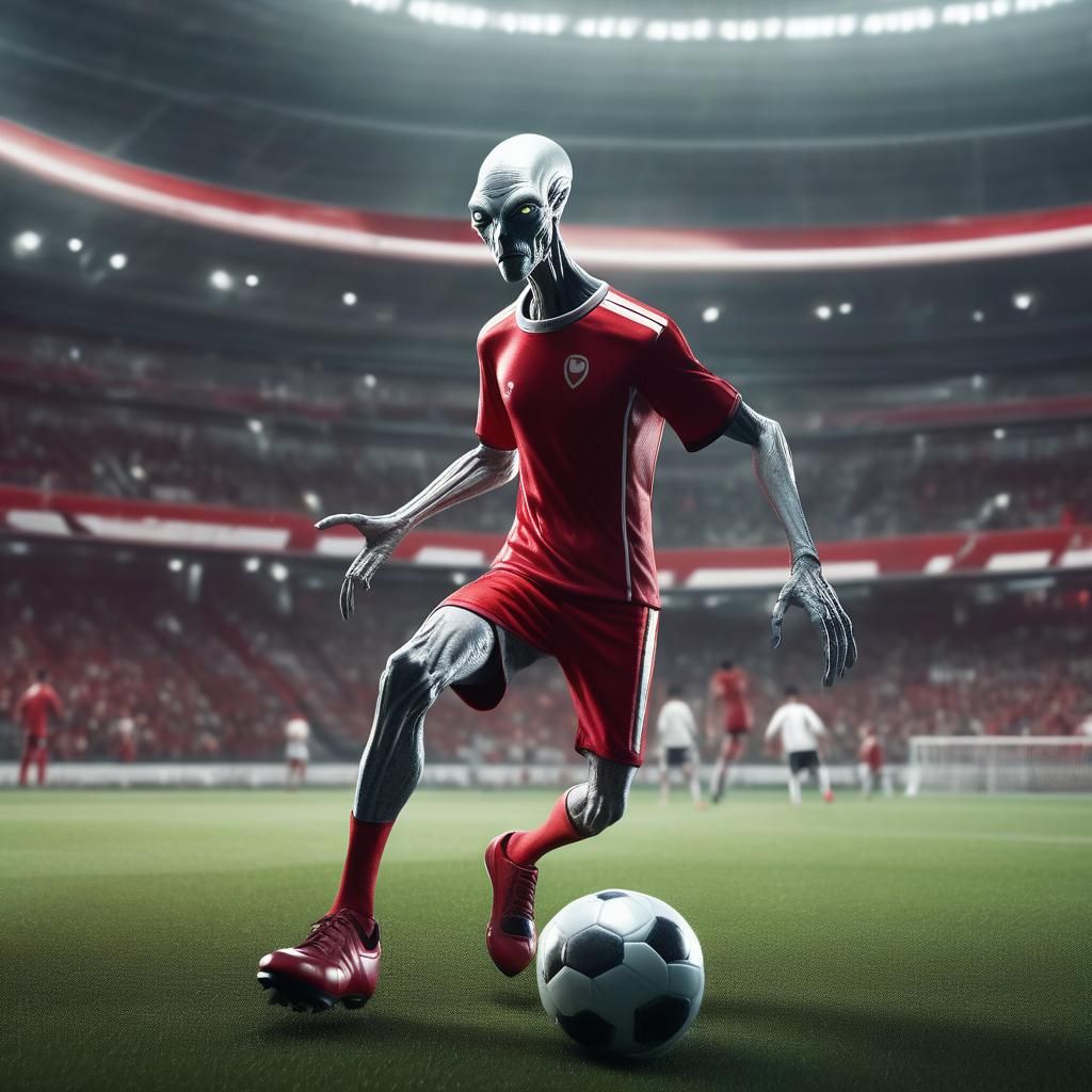 Alien Dribbling Soccer Ball in Stadium: Matte Painting