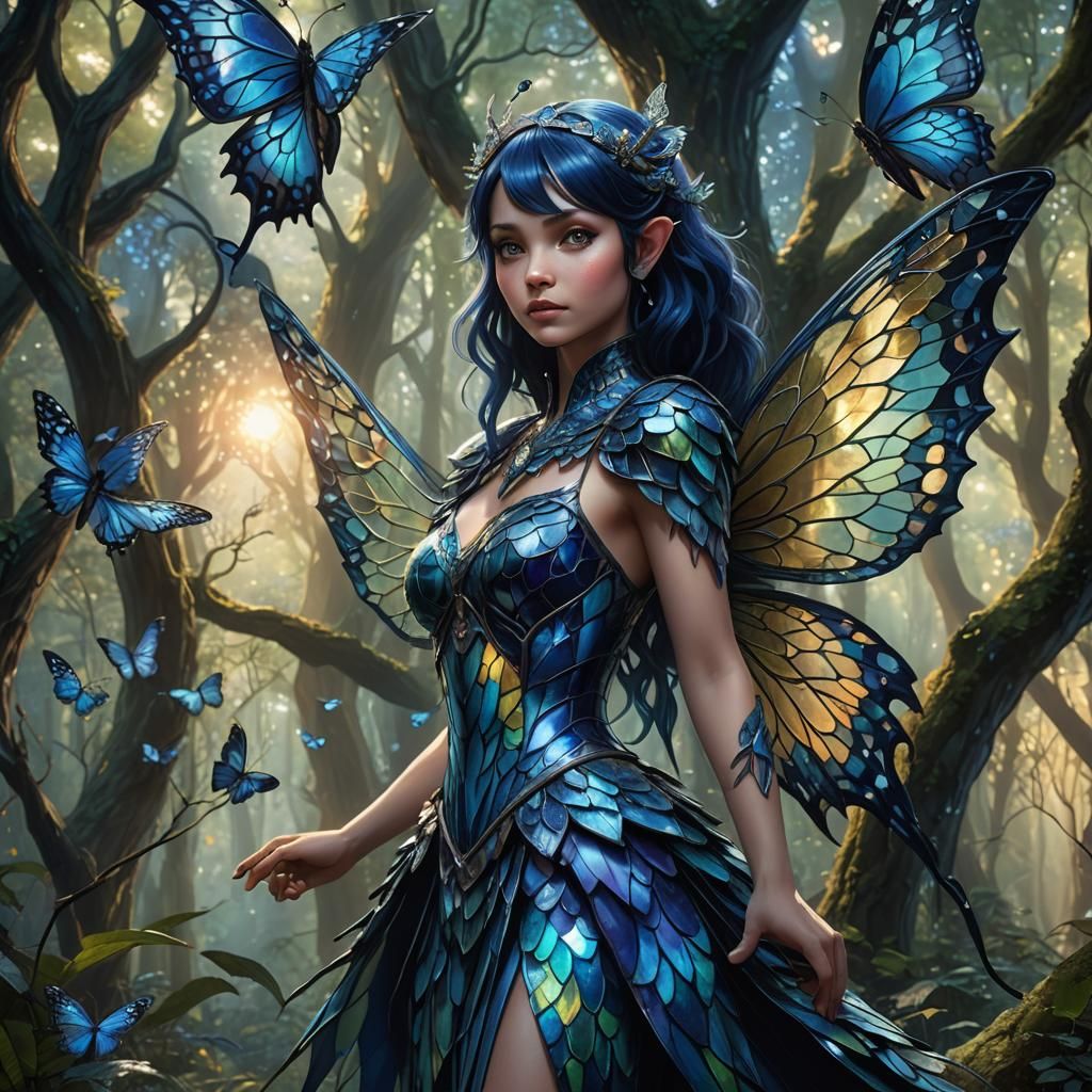 Blue Fairy with Dragon Scales and Stained Glass Wings