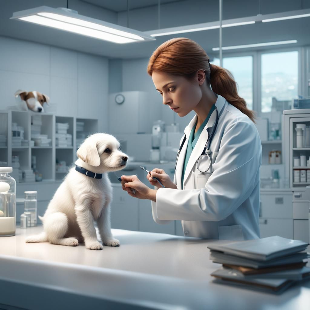 Woman vet examining a white puppy