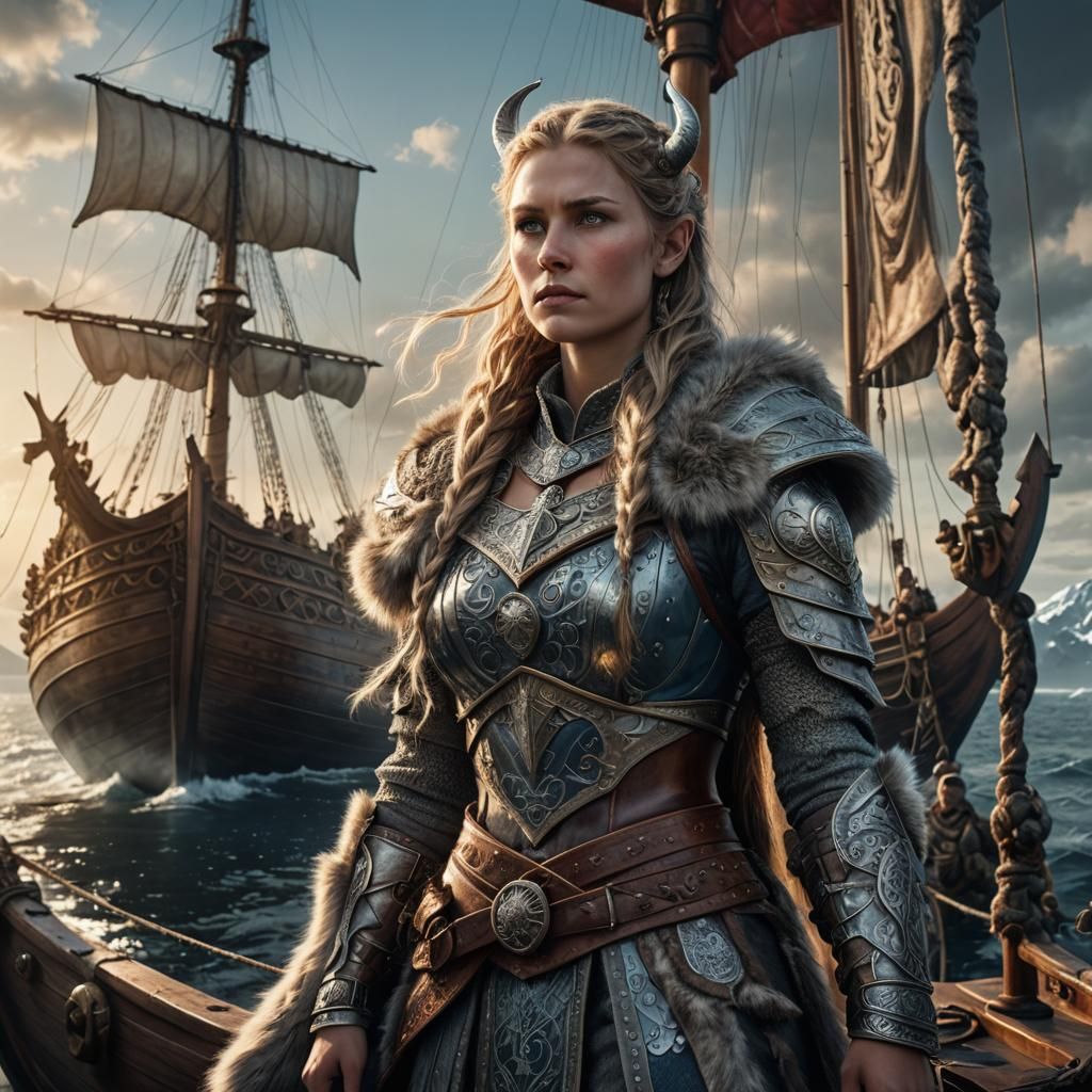 Viking Beauty on Ship: Fantasy Digital Art