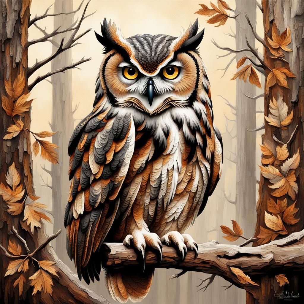 Majestic Owl: Interplay of Textures in Detailed Artwork