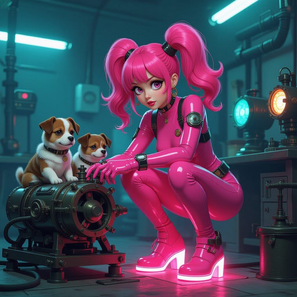 Retro-Futuristic Woman Repairs Steampunk Engine with Dogs