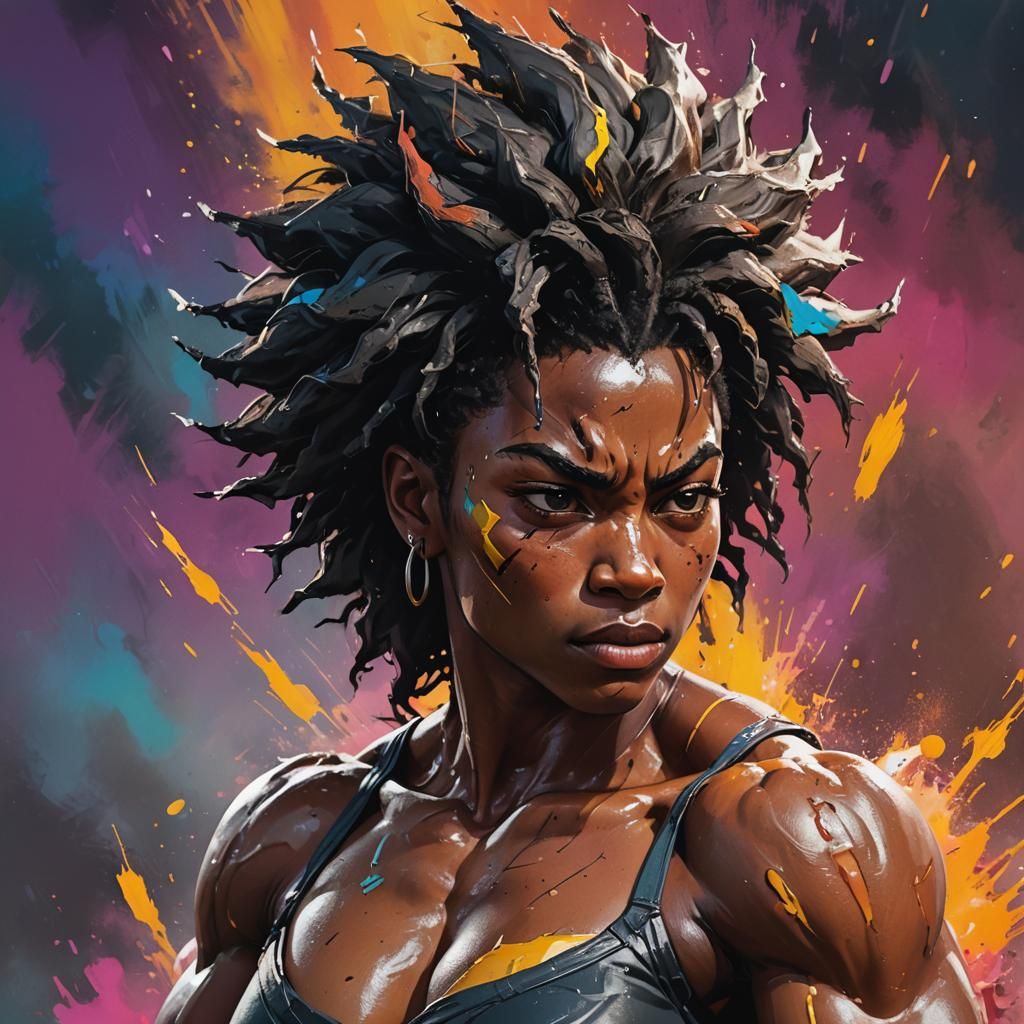 Muscular Black Female Super Saiyan in Hyperrealistic Style
