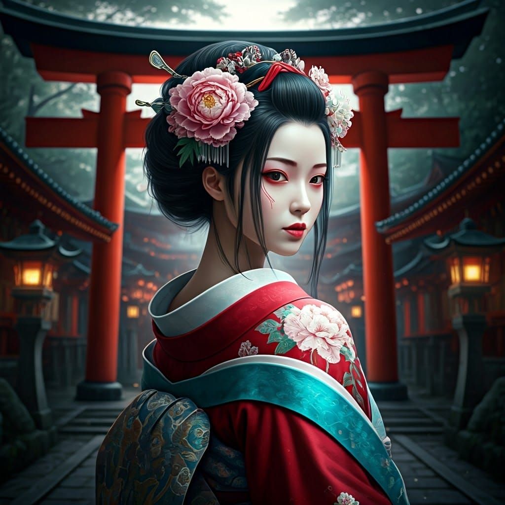 Edo Goddess of Immortality in Ruby Red Kimono