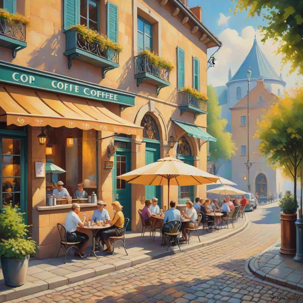 Vibrant Art Deco Coffee Shop Scene on a Sunny Cobblestone Ro...