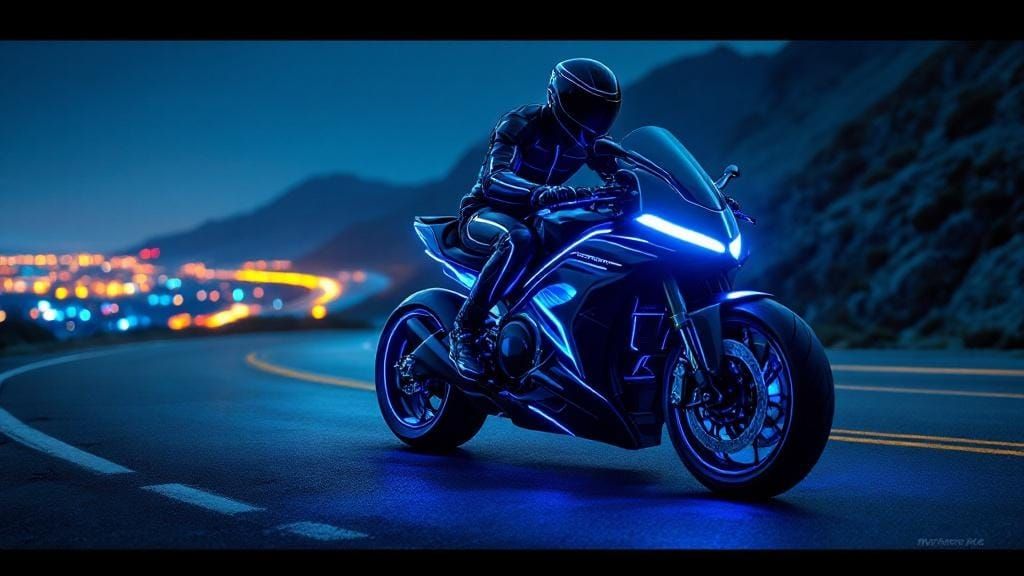 Futuristic Electric Motorcycle on Overlook at Night