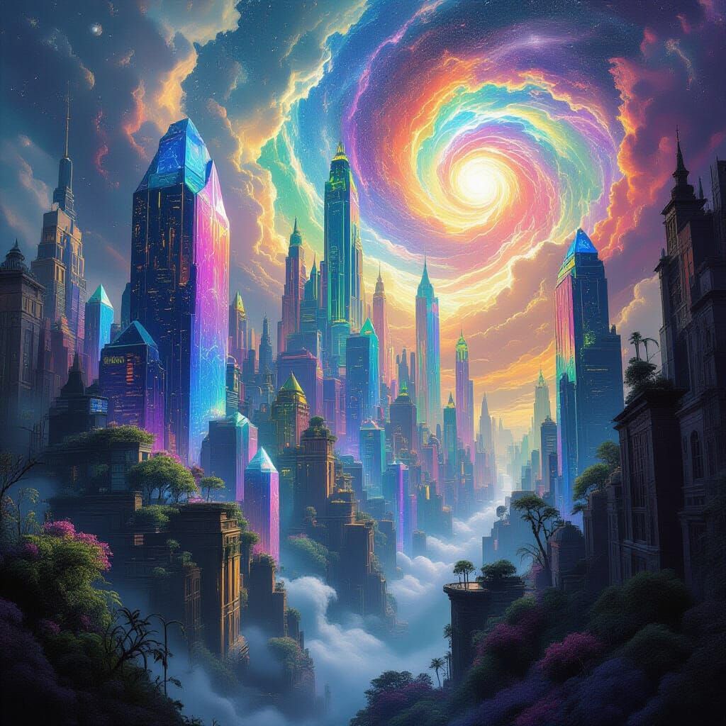 Surreal Mineral Cityscape with Cosmic Sky