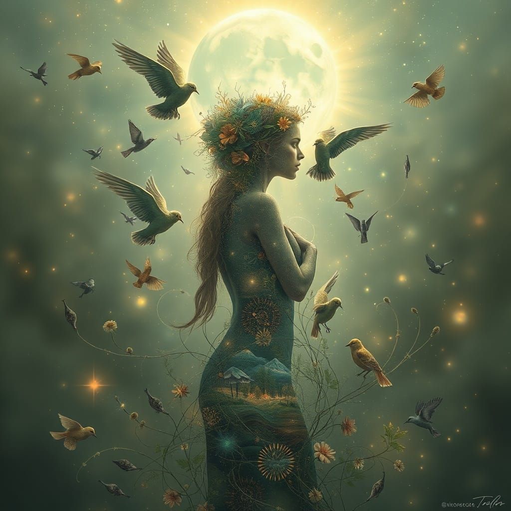 Woman With Birds Embodies Nature's Connection