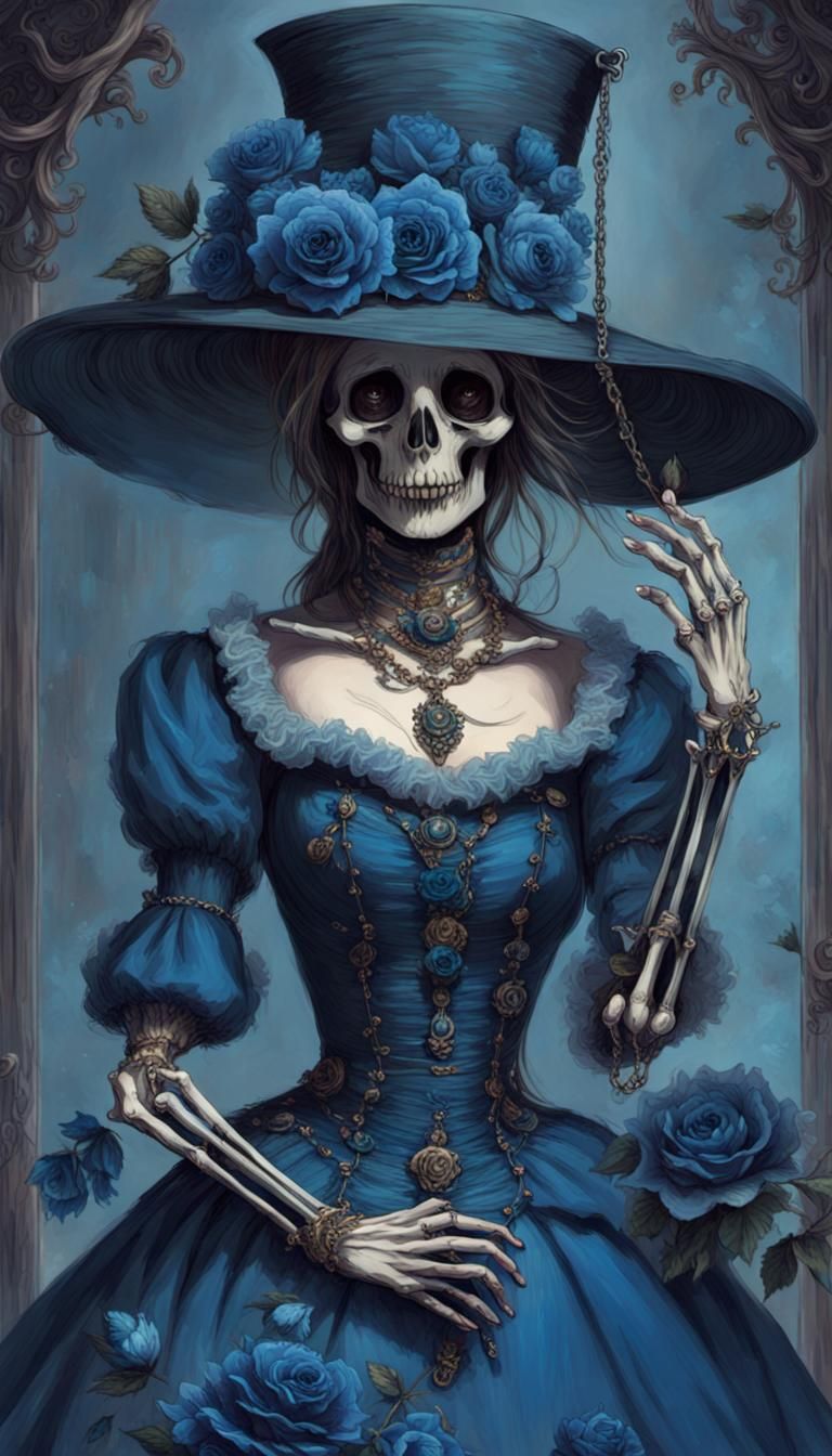 Victorian Skeleton Lady with Hell Beast in Horror Style
