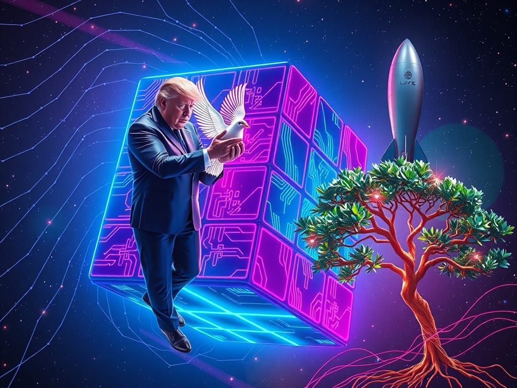 Cyberpunk Cosmic Rubik's Cube Radiates Neon Blue, Purple, Pi...