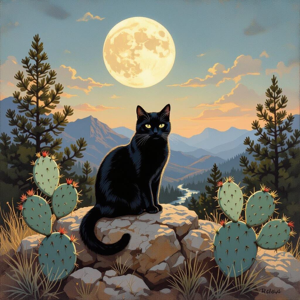 Black Cat in Arizona Landscape Painting