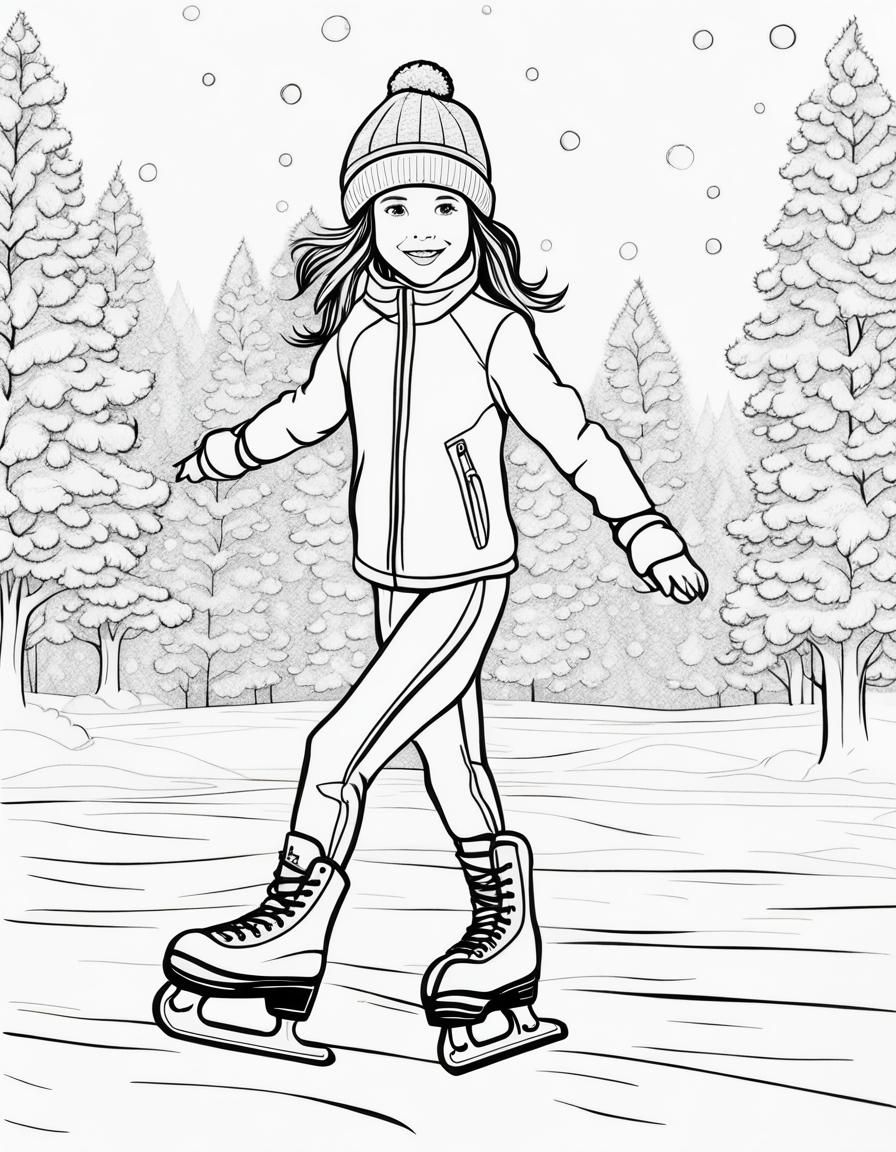 Girl Ice Skating: Coloring Page in Sketch Style