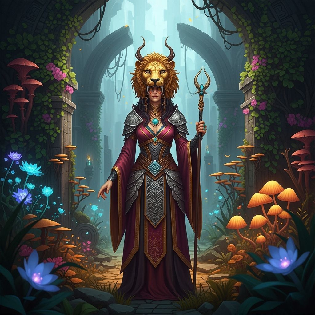 Druid in Lion Mask Amidst Ancient Ruins
