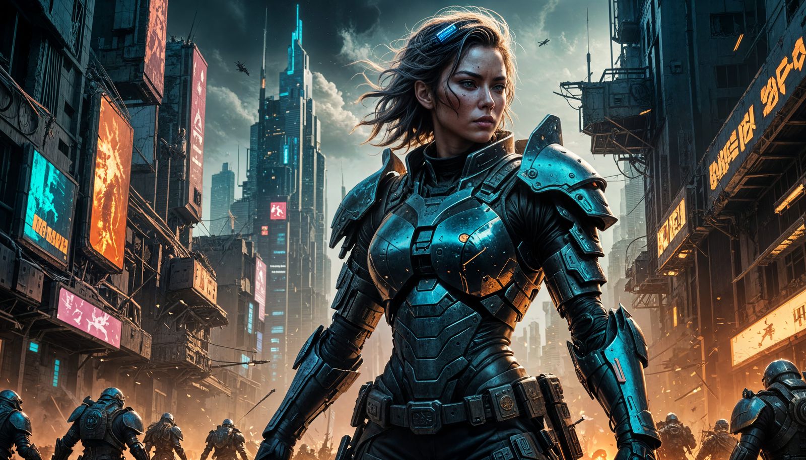 Warrior Goddess in Modern Armor, Surrounded by Defeated Foes...