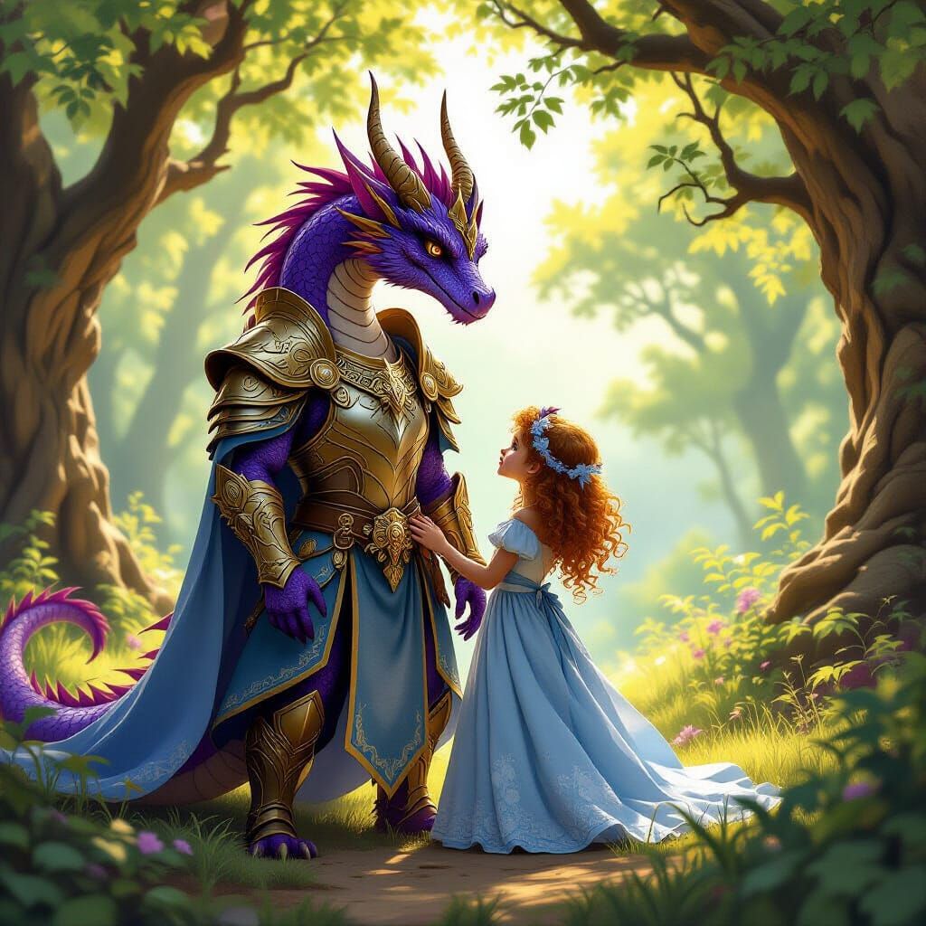 Purple Dragon Guards Girl in Forest Clearing