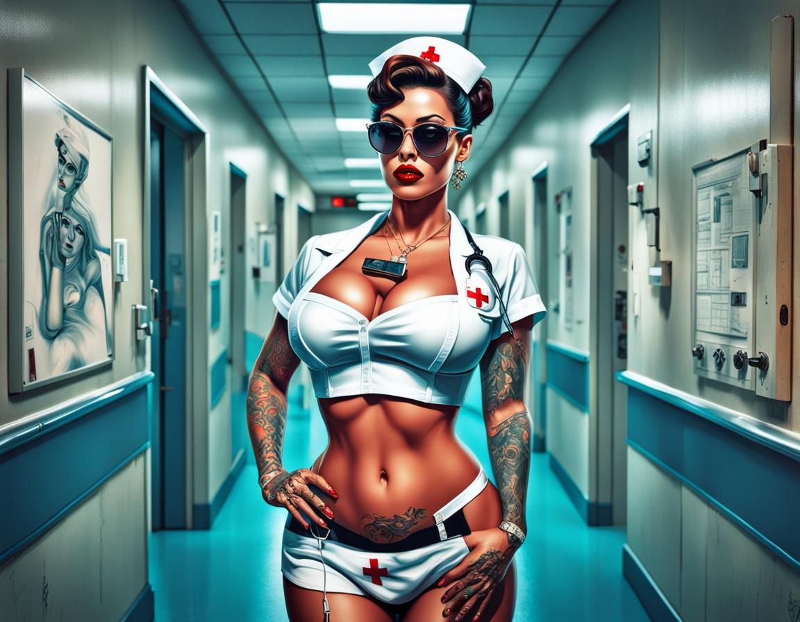Retro-Futuristic Nurse in Hospital Corridor