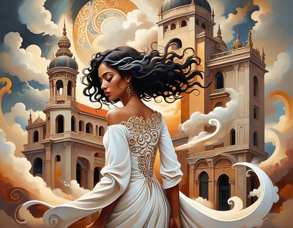 Young Woman in Ornate Architecture, Surrealist Style