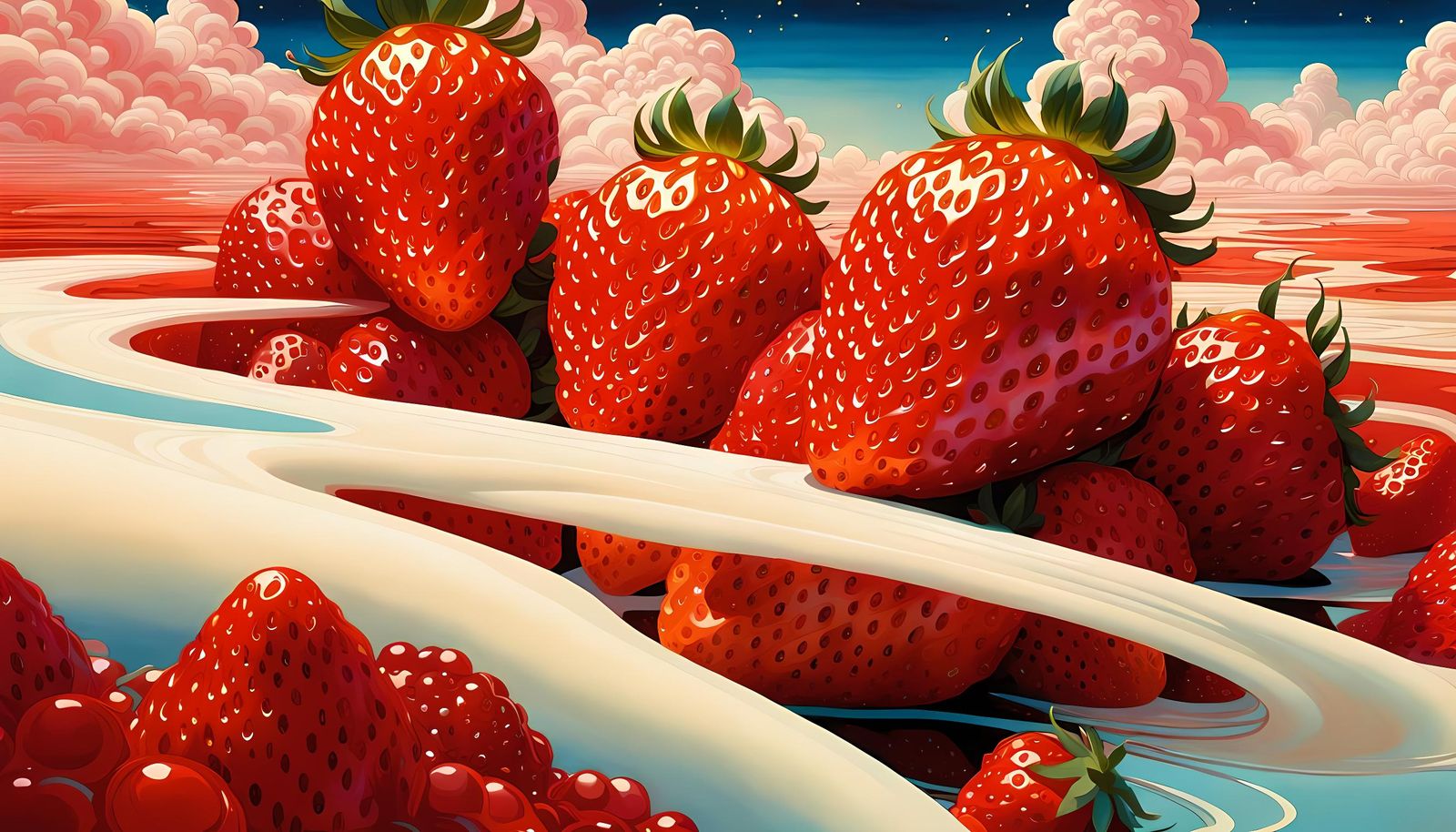Strawberry Mountainscape in Vibrant Digital Art Style