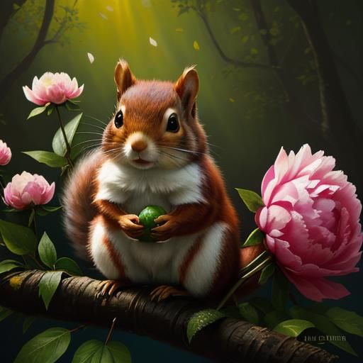 Squirrel with Acorn on Peony in Hyperrealistic Oil Painting