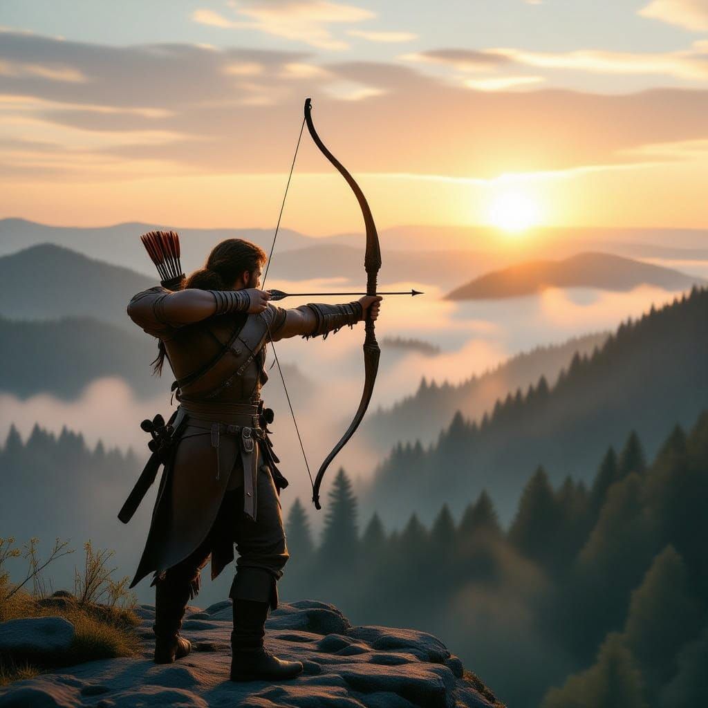 Hunter on Cliff Overlooking Misty Forest at Sunrise