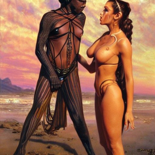 Disturbing Fantasy Cosplay Confrontation: Oil Painting