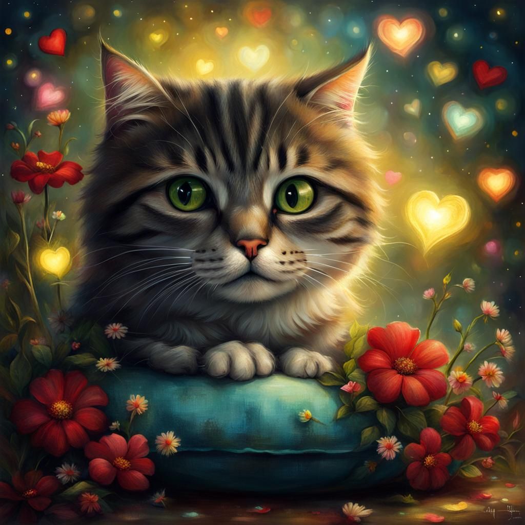 Cat Surrounded by Flowers in Whimsical Digital Art