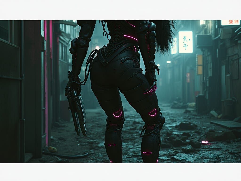 Cybernetic Assassin in Neon Alleyway, Dark Sci-Fi Horror