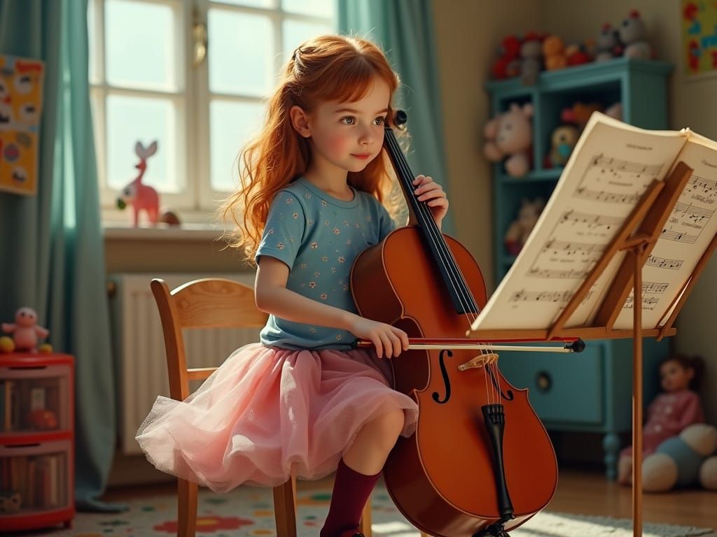 Whimsical Cello Musician in Vibrant, Surreal Setting