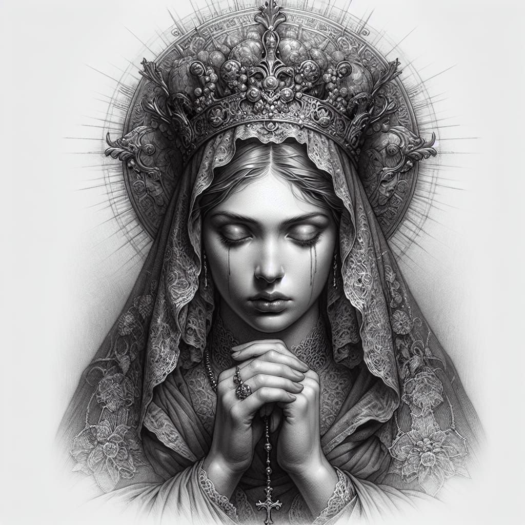 Sorrowful Saint in Detailed Pencil Sketch