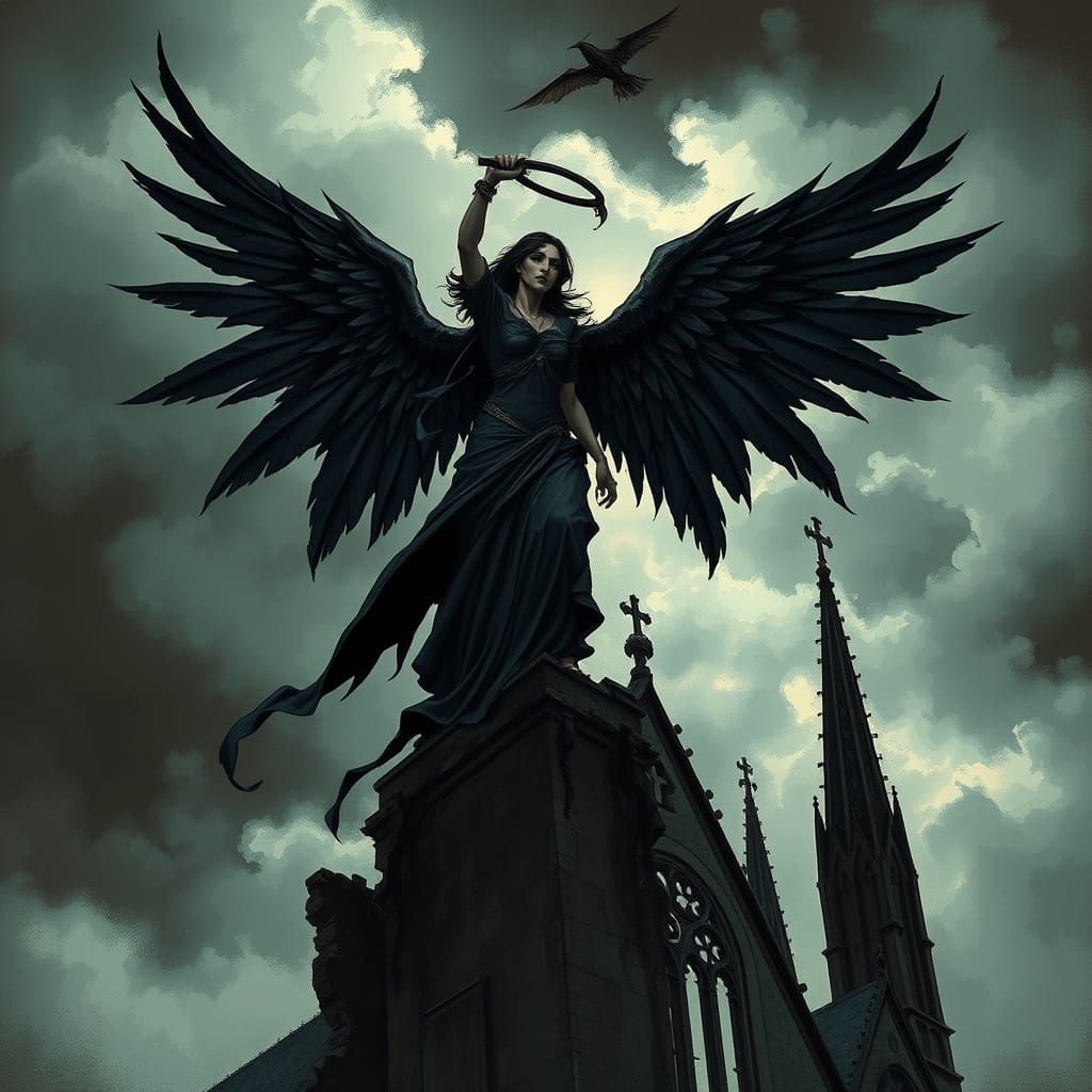 Gothic Angel with Raven Wings on Crumbling Cathedral
