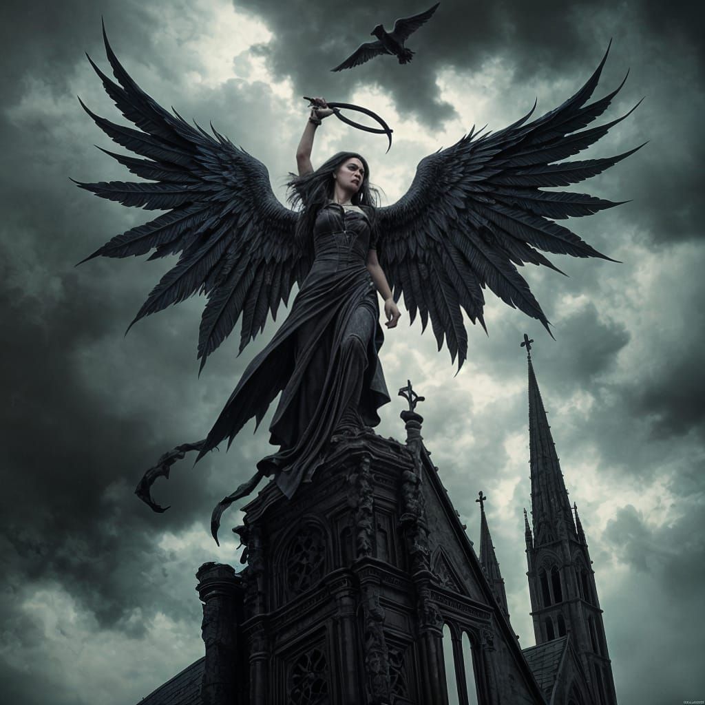 Gothic Angel Defiant on Crumbling Cathedral