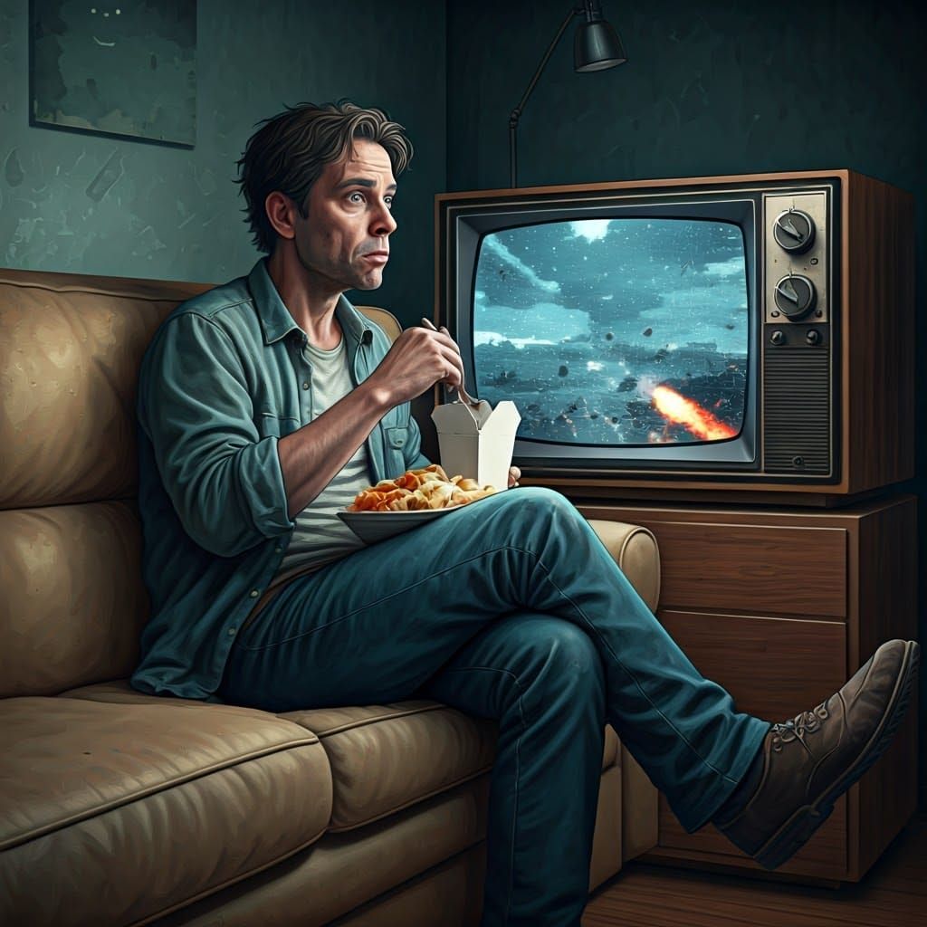 Man Watches Alien Invasion on Old TV in Retro Futuristic Sce...