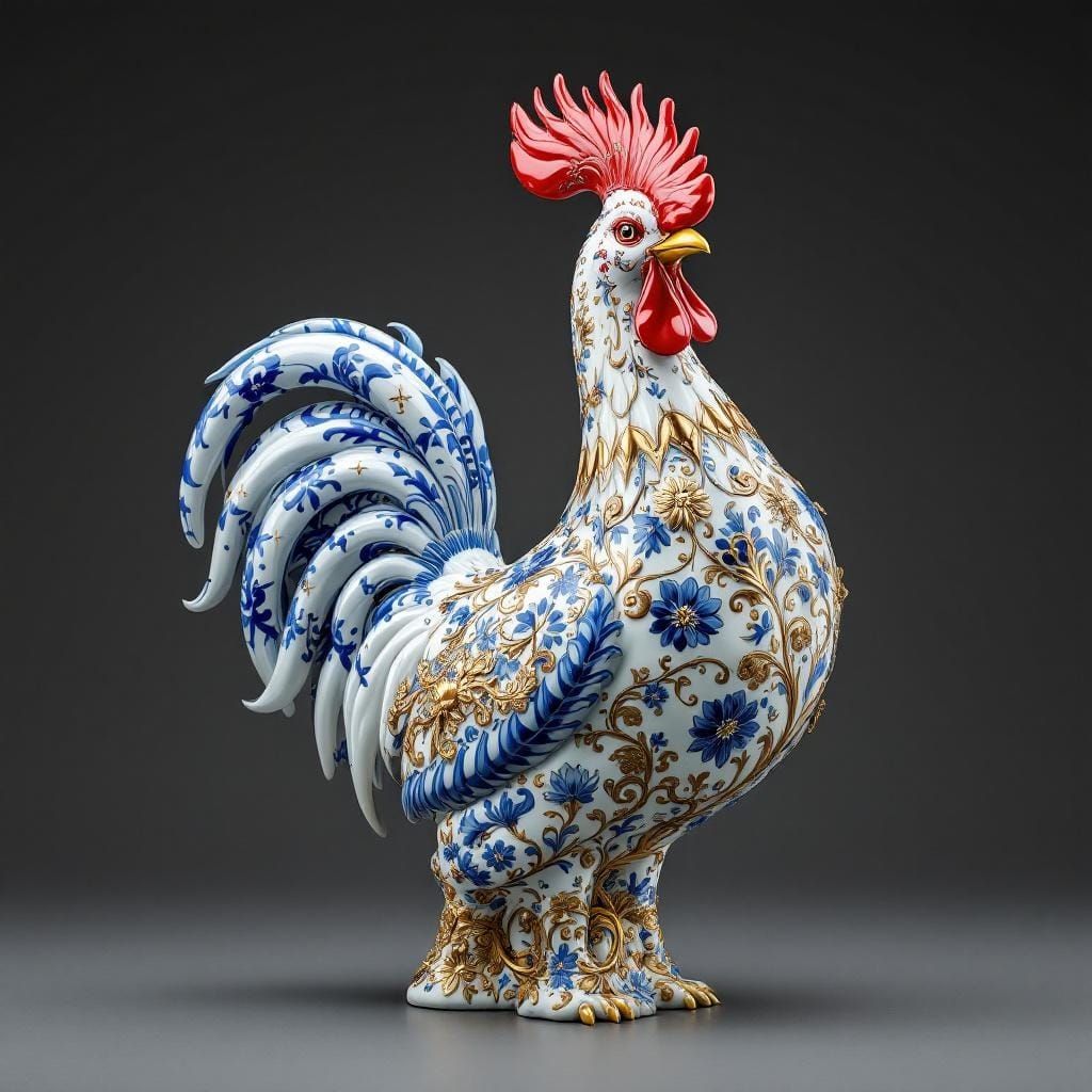 Ornate Porcelain Rooster Sculpture in Art Nouveau Style