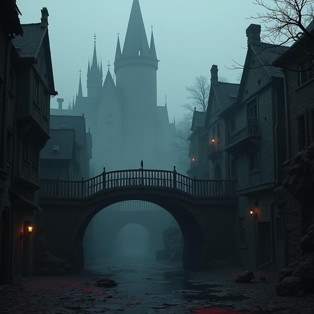 Dark Medieval Cityscape with Gothic Castle