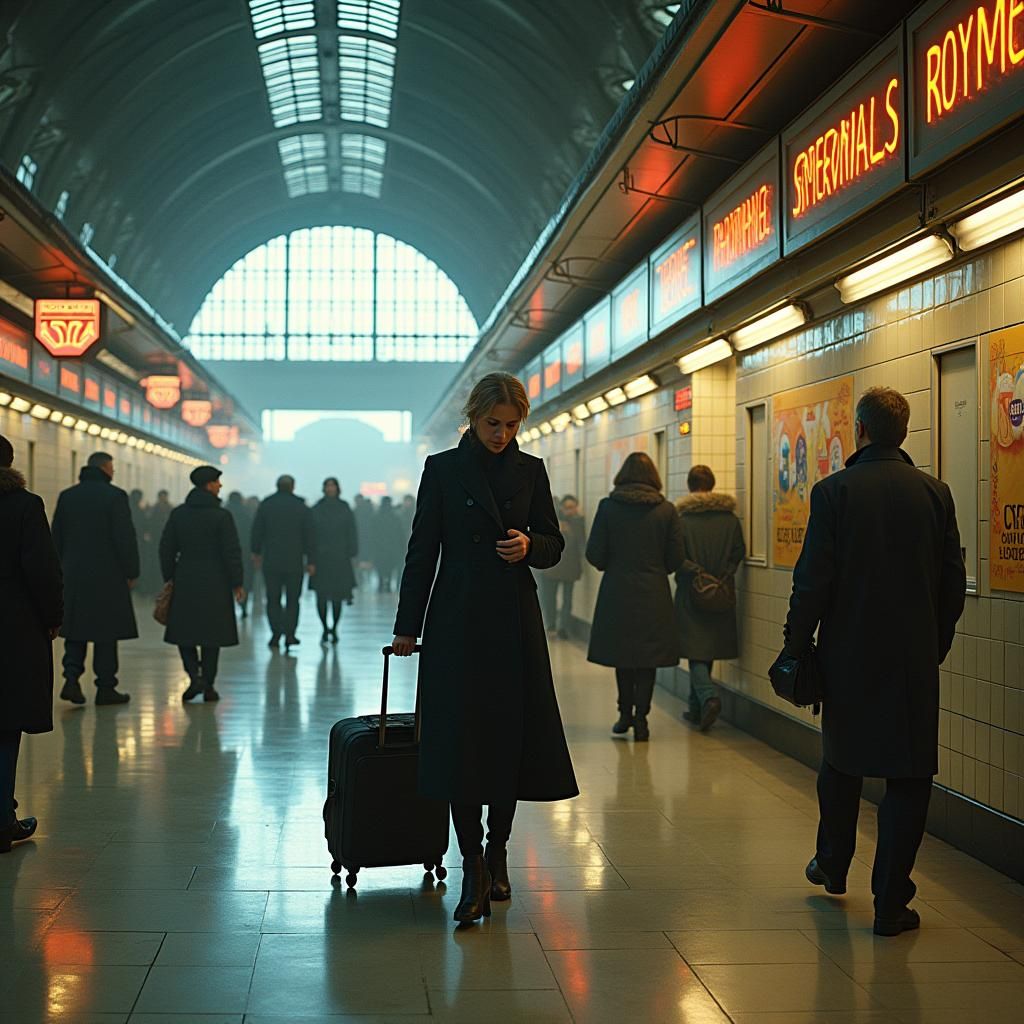 Anxious Traveler at a Neon Lit Railway Station