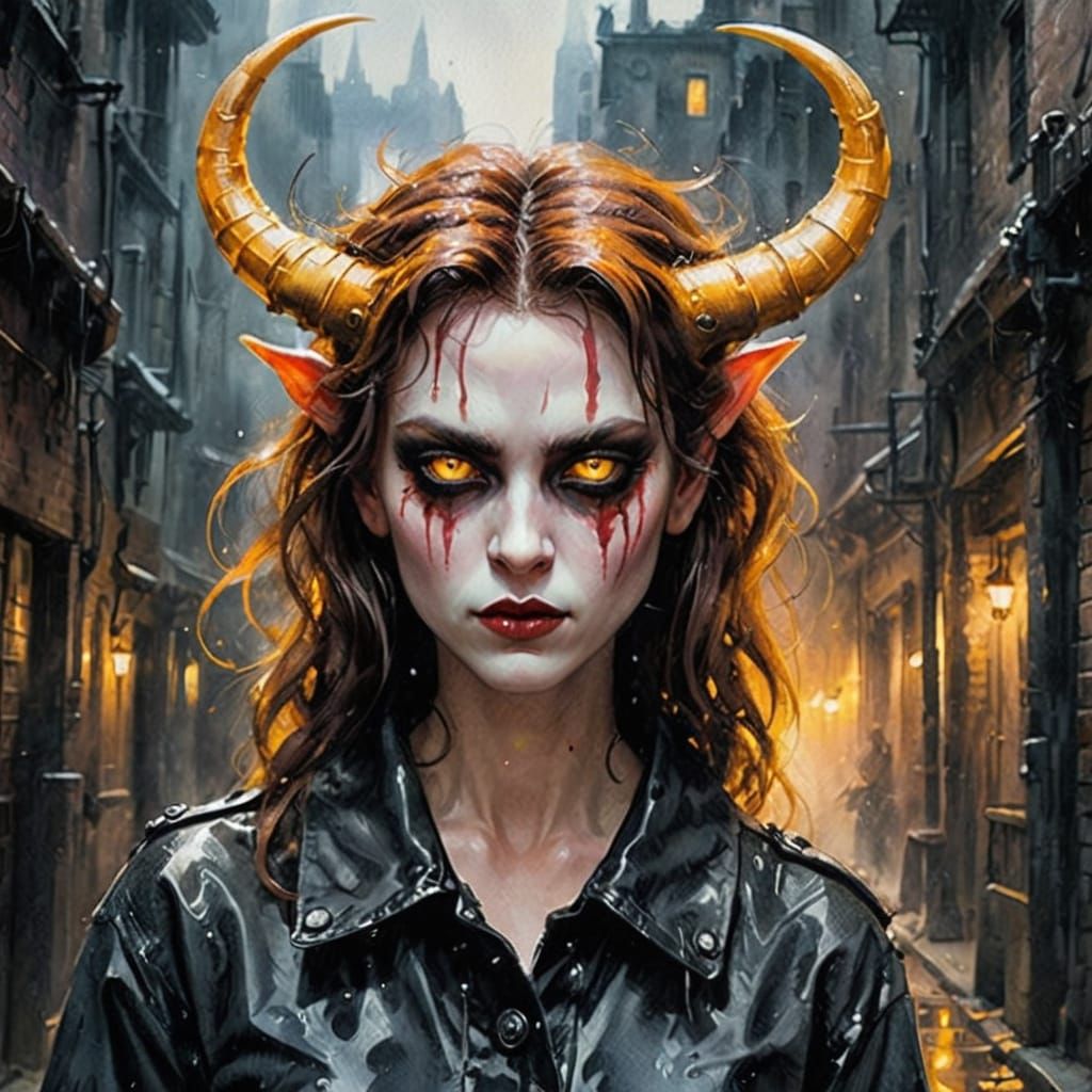 Pastel Goth Demon in Impressionistic Watercolor Style