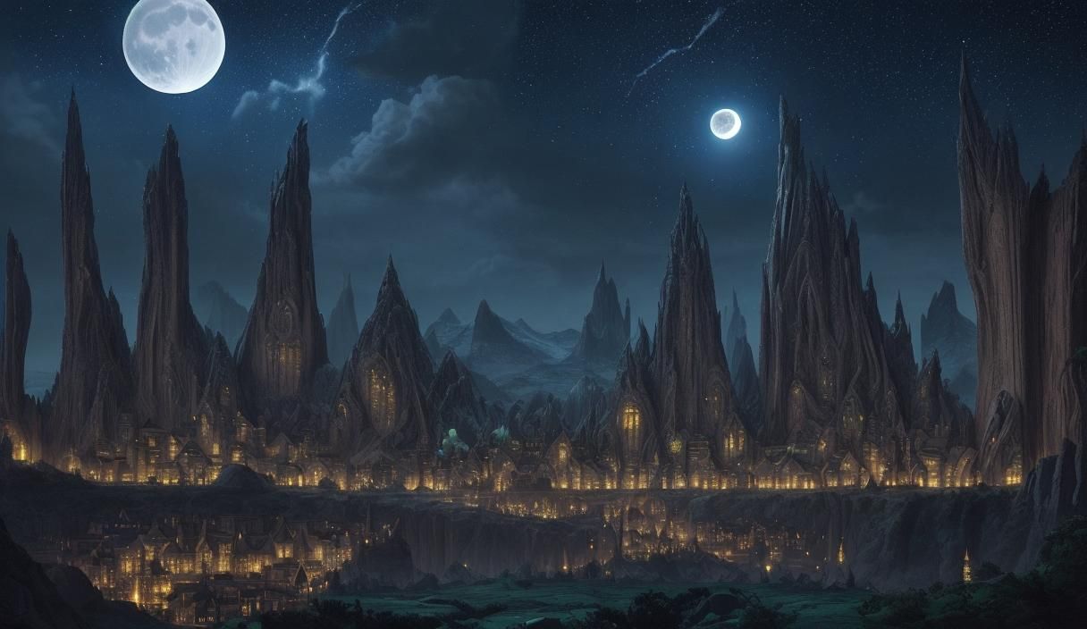 Bustling Elven City at Night Under Moonlight