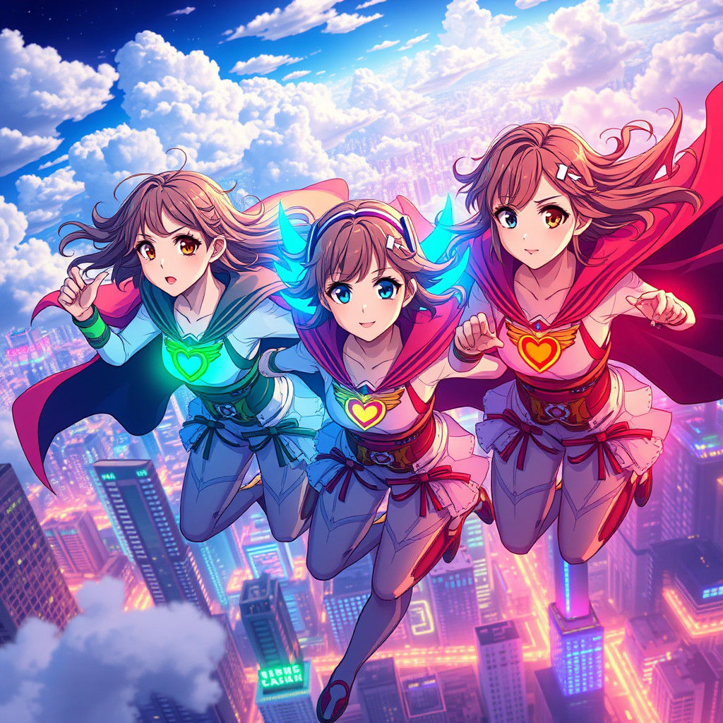Magical Girls Soaring Through City in Anime Style