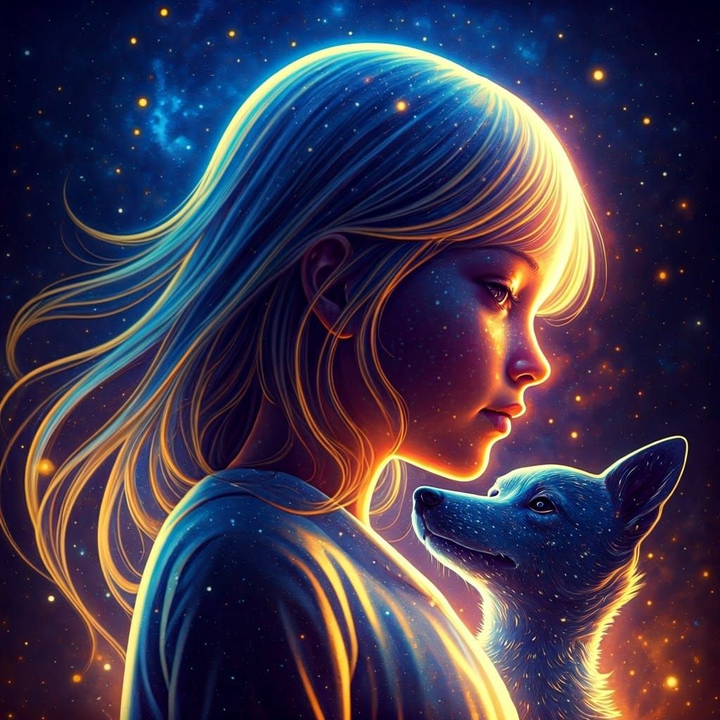 Ethereal Girl and Dog Silhouettes Under Starry Night