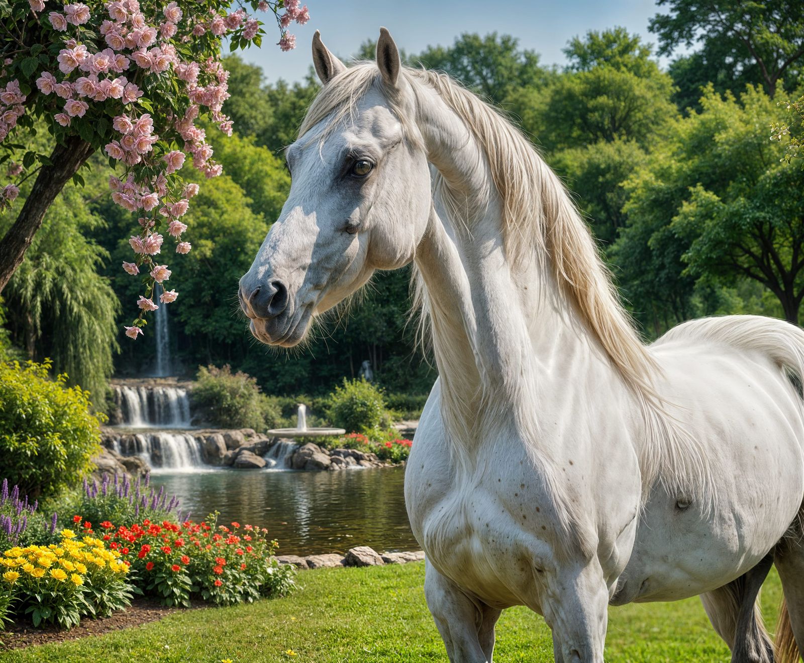 Proud Arabian Horse in Ethereal Garden Setting