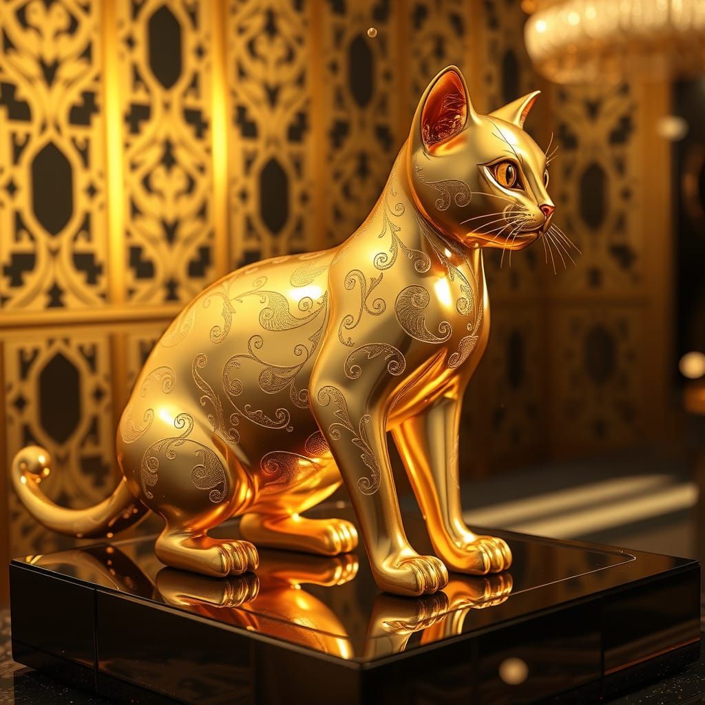 Golden Cat Sculpture in Art Deco Setting