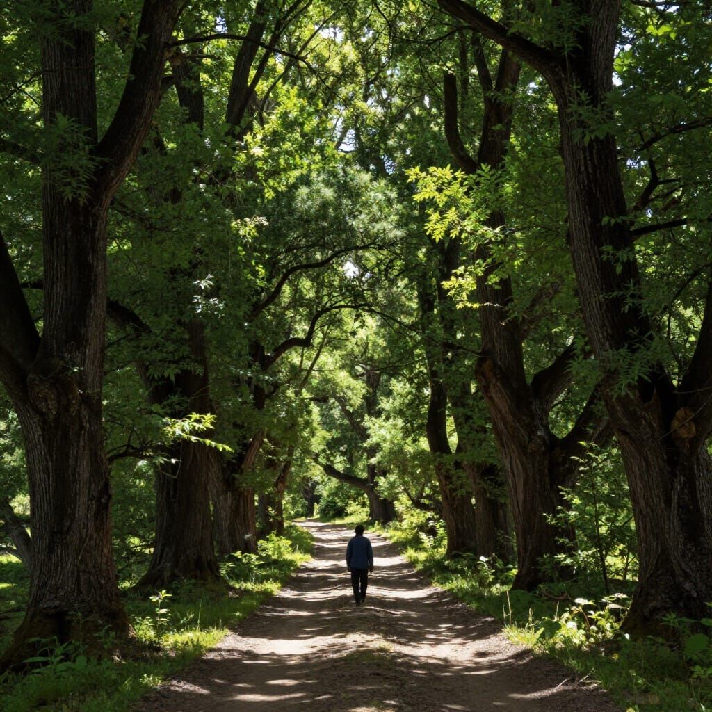 Lone Figure in Summer Tibetan Forest, Bierstadt Style
