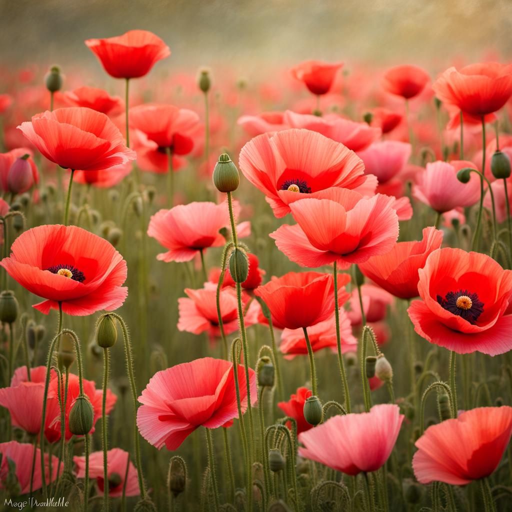 Poppies in Pink Evening Light, Impressionistic Style