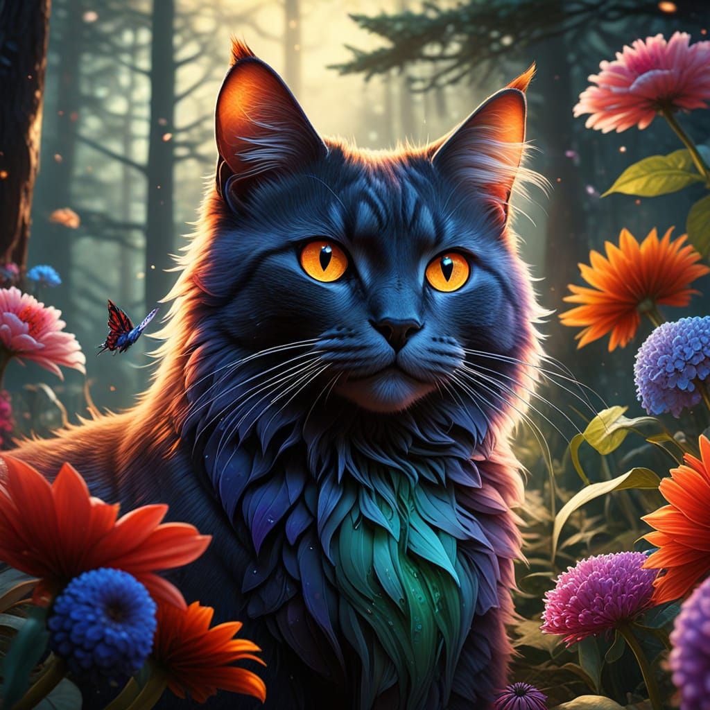 Mystical Feline Encounter in a Vibrant Floral Mandala