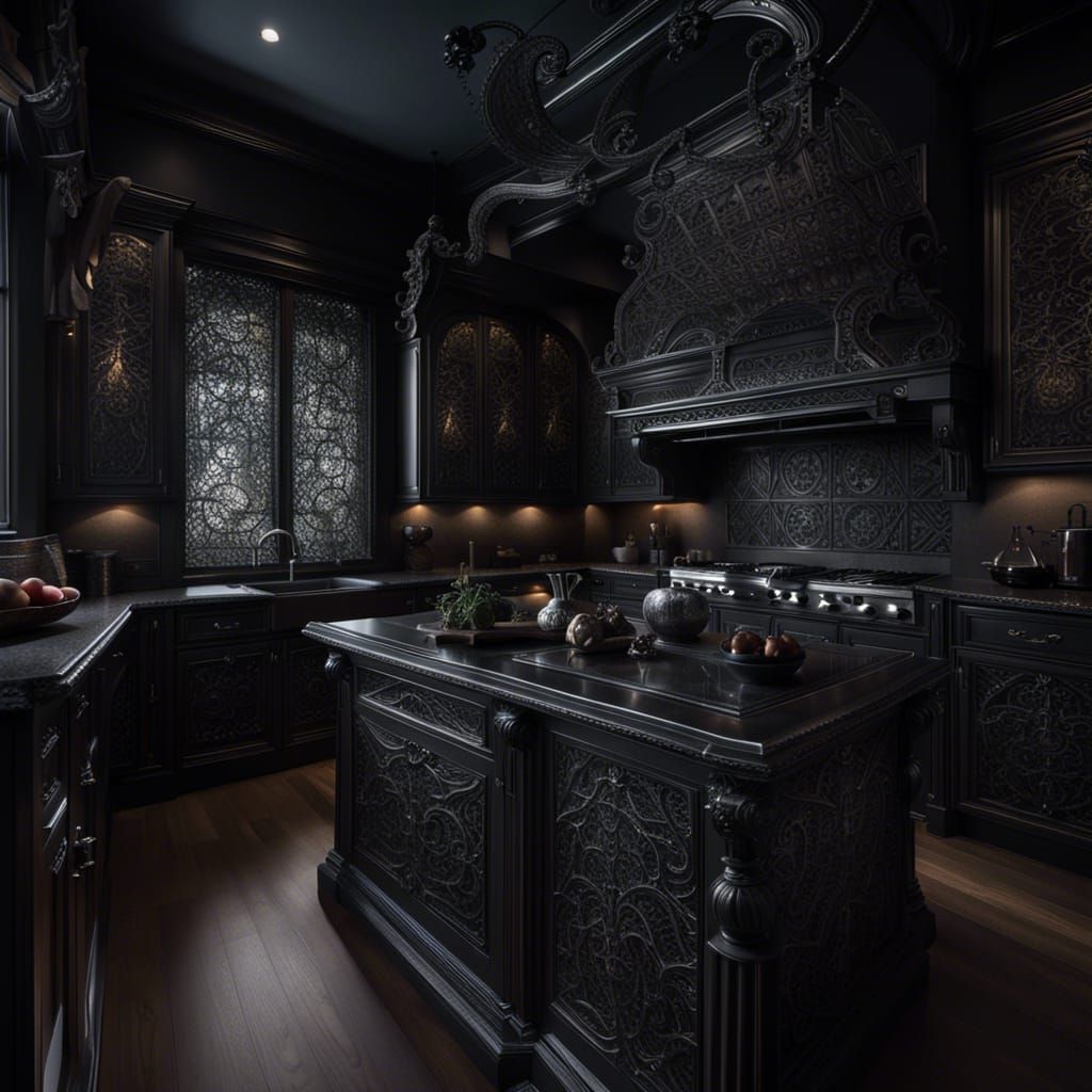 Ethereal Dark Kitchen with Intricate Carvings